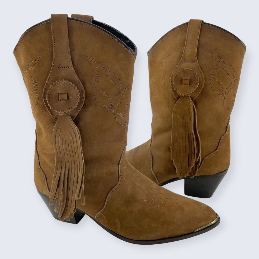 Oak Tree Farms Brown Nubuck Leather Tassel Western 2" Block Heel Boot 6.5